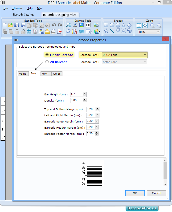 Barcode Properties - Size Tab